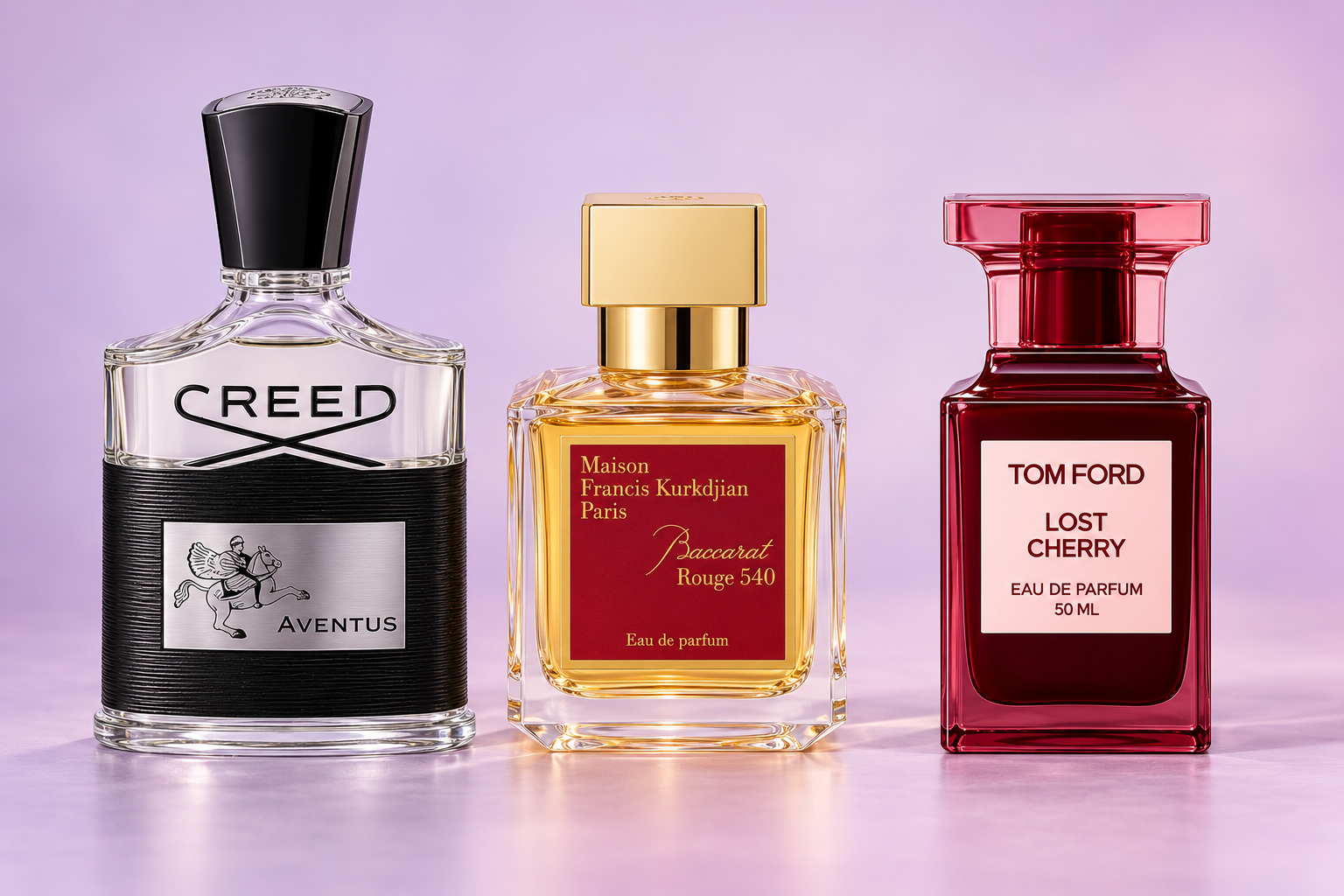 Creed Aventus, Maison Francis Kurkdjian Baccarat Rouge 540 ir Tom Ford Lost Cherry